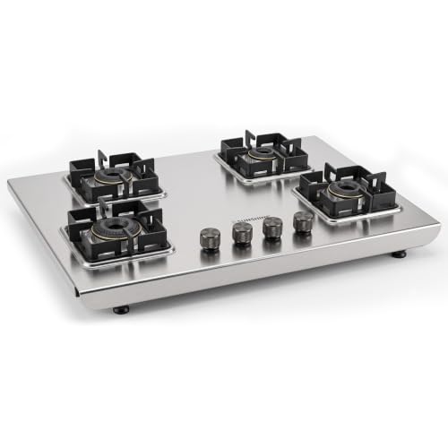Image of Sunshine Osaka 4 Burner Stove | 2MM Stainless Steel | 4 Burner Manual Gas Stove | SABAF Italian Valves | ISI Certified | Warranty By Sunshine - 10 Years On Brass Burner, LPG Ready (Silver)
