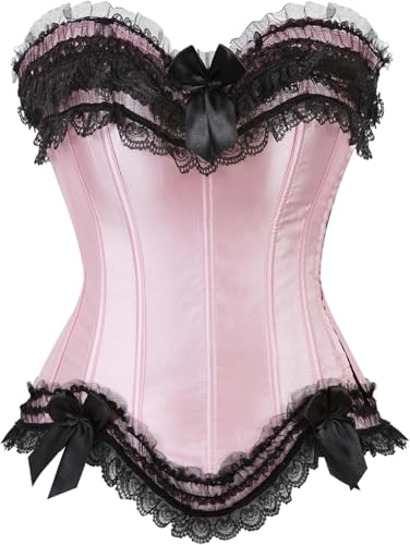 ADELCE Womens Lace Up Boned Overbust Corset Bustier Overbust Bows Corsets Black Pink S