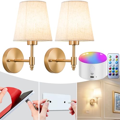YHCDLAMP Peel and Stick Wall Sconces, No Drilling Stick On Wall Sconce, Wireless Battery Operated Wall Lights, Adhesive Wall Lamp with 10000mAh Battery Bulb for Bedroom Living Room Decor