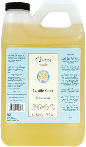 Image of Claya Unscented Liquid Castile Soap - Organic Ingredients, Biodegradable, Gentle for Sensitive Skin and Versatile Use (16 fl oz (Pump Cap) and 64 fl oz)