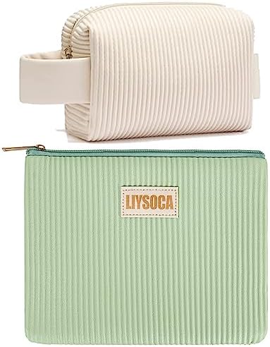 LIYSOCA 2PCS Cosmetic Bags for Women Small Makeup Bag, PU Striped Leather Makeup Pouch Large Capacity Cosmetic Pouch Cute Lipstick Pouch Travel Zipper Pouch Small Cosmetic Bag