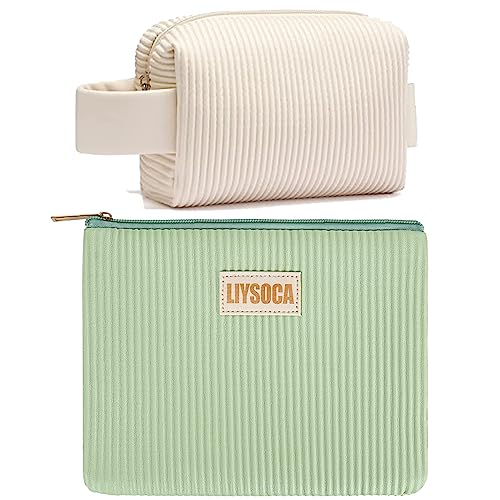 Liysoca 2Pcs Cosmetic Bags For Women Small Makeup Bag, Pu Striped Leather Makeup Pouch Large Capacity Cosmetic Pouch Cute Lipstick Pouch Travel Zipper Pouch Small Cosmetic Bag #TOP3