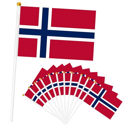 12pcs Norway Hand Flags on Sticks Small Norwegian Flags for Party Decorations Double Sided Handheld Flags with White Poles for Sports Events Garden and Celebrations