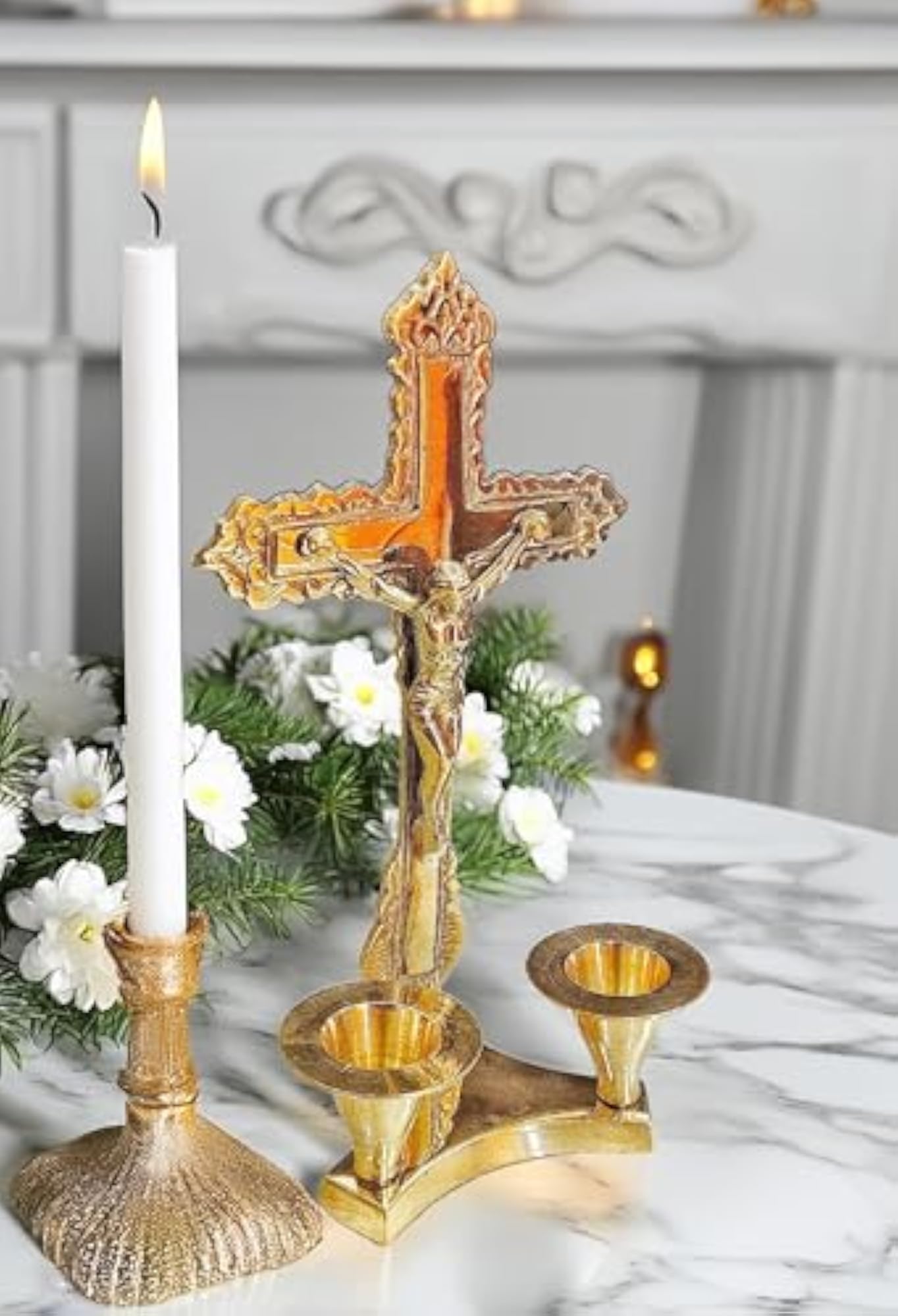 Brass Cross Candle Holder Stand, Decorative Pooja Gift