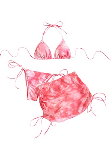 SOLY HUX Women s Halter Tie Side Bikini Bathing Suits with Cover Up Beach Skirt 3 Piece Swimsuits Pink Tie Dye M