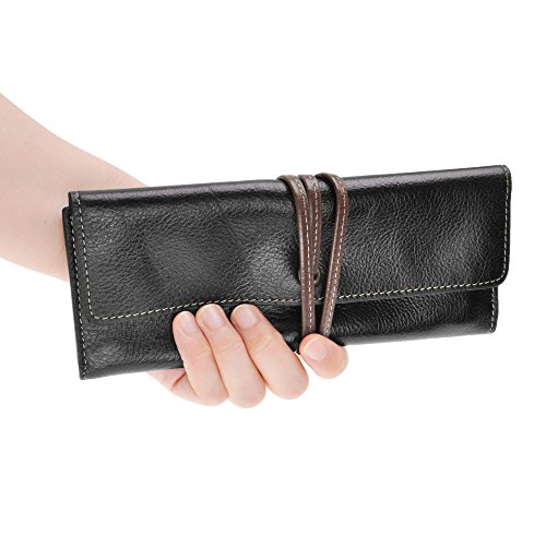 Image of ZLYC Handmade Leather Pencil Case Soft Roll Bag Stationery Gift,Black | multi slot pen storage design,school class daily use,office desk organizer,graduation holiday gift,foldable portable size