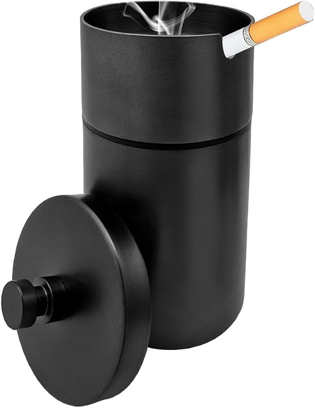 DXNQ Car Ashtray with Lid, Windproof Smokeless Stainless Steel Ash Tray Butt Bucket, Detachable Self Extinguished Ashtray for Car Cup Holder Home Office Travel, Car Accessories (Black)