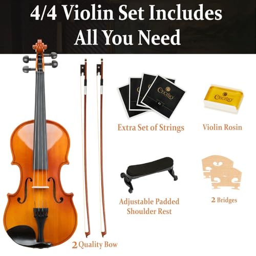 Image of Mendini by Cecilio 4 /4 Violin Set For Beginners - Hand Carved Full Size Violin Kit - Ebony Fitted Solid Wood Fiddle Kit with Hard Case, Two Bow, Rosin, Shoulder Rest and Extra Strings (Varnish)