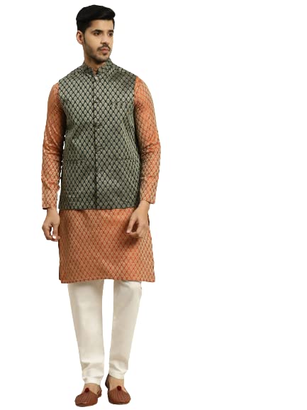 Kurta orange Silk Blend Sojanya et veste Nehru pour fêtes indiennes