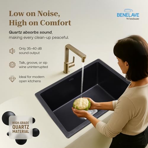 Image of Benelave by Hindware BLACP91005 Quartz Sink 21x18 for Kitchen | Single Bowl | Black Color | Better Sound Absorption for Quieter Use | 7-year Manufacturer Warranty