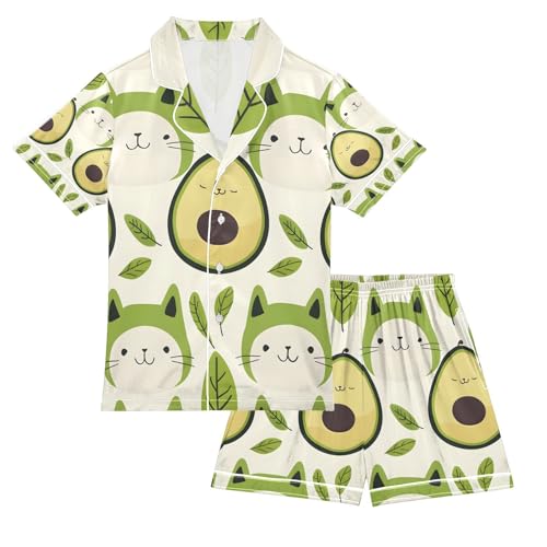 senya Cute Cats As Avocados Satin Summer Pajama Sets Silk Short Sleeve Button Down Sleepwear