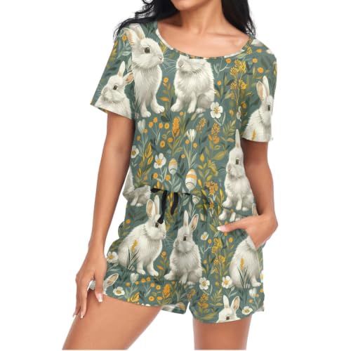 Image of Mnsruu Rabbit Leaves Womens Pyjamas Sets Short Sleeves Pjs Set XXL