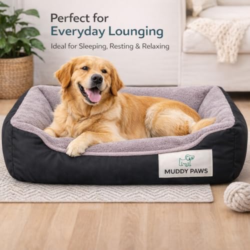 Image of MUDDY PAWS Reversible Sofa Style Dog Bed - XL (76 x 61 x 22 cm) - Plush Fur Surface, Removable Cushion & Anti-Skid Base - Black & Brown