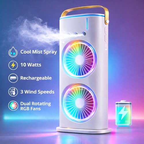 Image of Portable Air Cooler Dual Fan with Remote Control | Large Water Tank With Mist Humidifier | Type-C Rechargeable | 3-Speed Desk Air Cooler with Colourful RGB Light | 120 Rotate Airflow