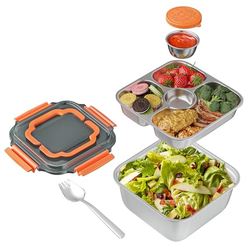 OCPO Kitchen Bento Box 1900 ml, Lancheira de aço inoxidável, Lunch Box com compartimentos e talheres, máquina de lavar Bento sem BPA, para adultos e crianças, portátil durável e ecológica (laranja)