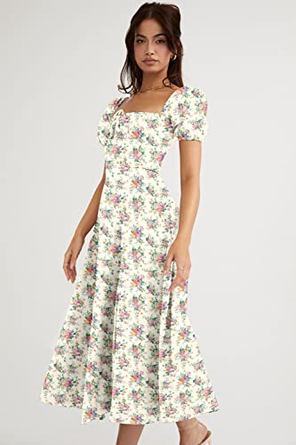 Women's Puff Sleeve Split A-Line Maxi Dress Elegant Floral Print Ruched Long Dress Apricot Large #TOP2