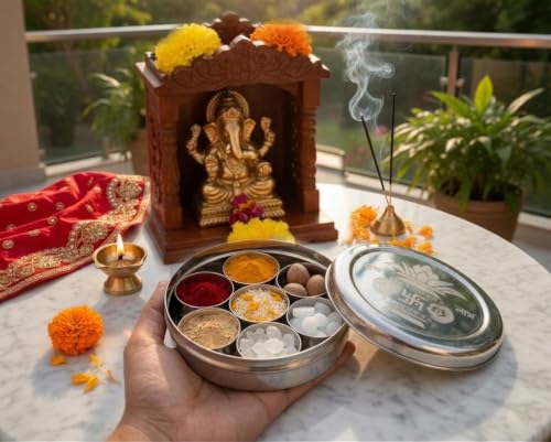 Image of Stainless Steel Round Pooja Box with 7 Containers