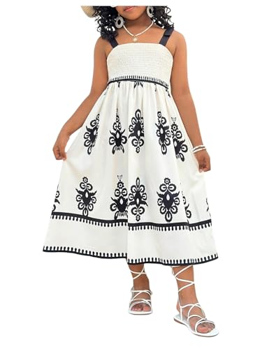 Floerns Girl's Summer Boho Tie Shoulder Square Neck Dress Shirred A Line Flared Long Dress Beach Sundress