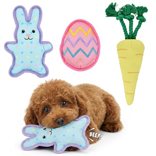 Vehomy Easter Dog Toys Set - 3 Pack Squeaky Toys for Dogs with Easter Egg, Bunny & Carrot Puppy Interactive Toy with Squeaker Dog Stuffed Teething Toy for Small Medium Dogs