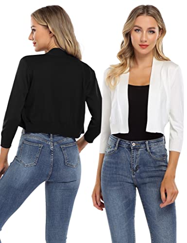 GloryStar Women’s 3/4 Sleeve Cropped Cardigan Sweaters Open Front Knit Short Bolero Shrugs Black+White M4