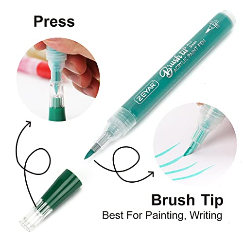 Zeyar Acrylic Paint Pens Brush Tip, Valve-Action Structure, Waterproof Ink, Writes On Paper, Rock, Rubber, Ceramics, Wood, Glass And More, Patented Product (12 Classic Colors) #TOP2
