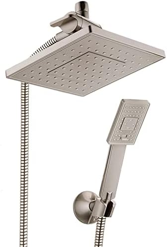 BRIGHT SHOWERS Rain Shower Head with Handheld Spray 5 ft. Shower Hose Combo Includes Wall Mount Suction Bracket, 3-Way Water Diverter Mount (8 Inch Square, Brushed Nickel)