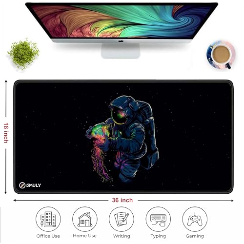 Image of Astronaut Space Mouse Pad 18x36 Inch 3mm Extended Gaming Desk Mat with Anti-Slip Rubber Base Mousepad for Smooth Surface Desk pad for PC & Laptop Use Waterproof & Stiched (Multicolour) Deskpad