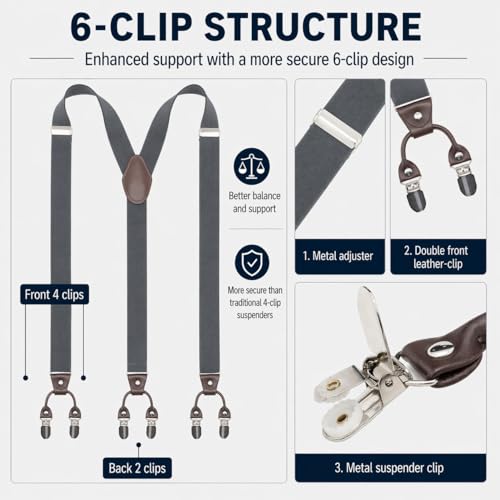 Image of Men's Heavy Duty Y-Back Suspenders, 6 Strong Metal Clips Adjustable Elastic Straps for Work, Tuxedos, and Daily Wear