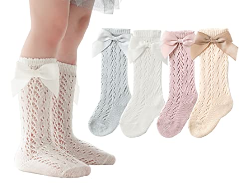 CHUNG Toddler Baby Girls Knee Hight Stocking Cotton Socks 0-7Years Solid Color Bowknot Thin Spring Summer, 4pk-hollow,3-12M
