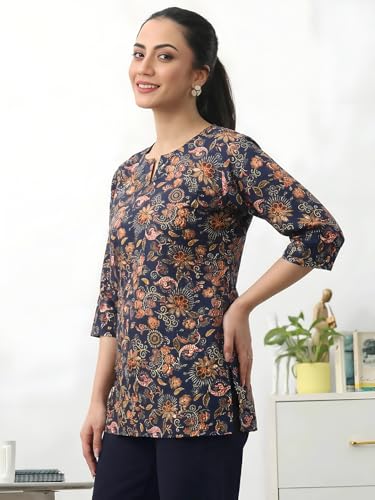 Image of Pinkmint Women's Cotton Blend Printed Short Kurti, Hip-Length Ethnic Tunic for Women, 3 /4 Sleeve Notch Neck, Casual, Office (Available in Plus Sizes & Combo Pack 2)