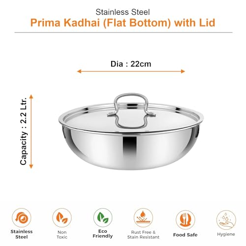 Image of Prabha Stainless Steel Prima Tasla with Flat Bottom, Included Lid, Tasla, 22cm, 2.2 L Capacity, Perfect for Kitchen Need, Induction and Gas Stove Compatible