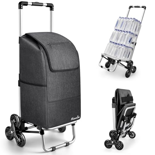 KEDSUM 2 in 1 Aluminum Alloy Stair Climbing Cart, 300LBS Grocery Cart on Wheels, Foldable Shopping Carts with Waterproof Oxford Black Bag for Groceries, Lightweight & Durable Aluminum Frame