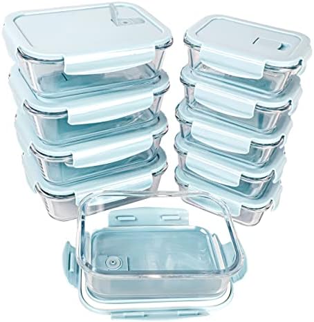 ZRRHOO [10 Packs, 20 Pieces] Glass Food Storage Containers with Lids (Built in Vent), Airtight Meal Prep Containers, Glass Bento Boxes for Home Kitchen, BPA Free & Leak Proof (10 lids & 10 Containers) - Blue