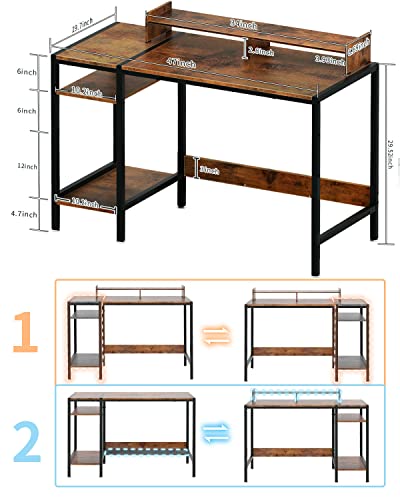Minosys Computer Gaming Desk - 47" Home Office Desk With Storage, Rustic Writing Desk With Monitor Stand, Modern Simple Study Corner Table, Adjustable Storage Space. #TOP2