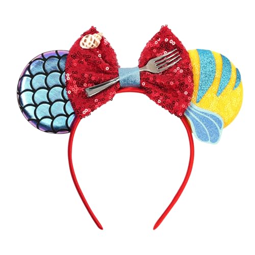 bianbaistar Mermaid Style Mouse Ears Headband Red Sequin Bow with Seashell Fork Decor Stretchy Lightweight Hair Hoop for Adults & Women Ocean Theme Accessory for Theme Park Party Cosplay