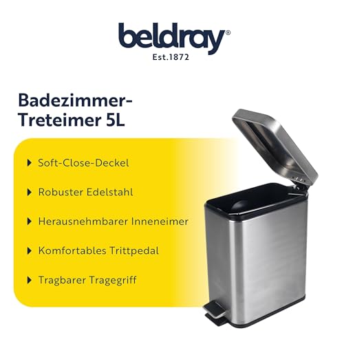 Beldray LA041173SS Treteimer für Badezimmer – Abfalleimer mit rechteckigem Soft-Close-Deckel, Küchen-/Schlafzimmer-/Büro, herausnehmbarer Inneneimer, 5 L, schlankes, tragbarer Tragegriff, Edelstahl