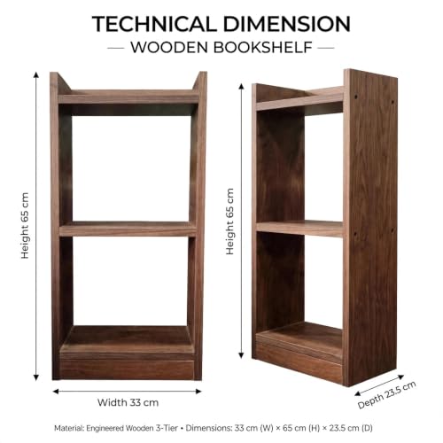 Image of SBF Furniture 3 Tier Wooden Bookshelf, Engineered Wood Book Rack, Multipurpose Storage Shelf for Books, Decor & Kitchen, Compact Space-Saving Shelf (Brown)