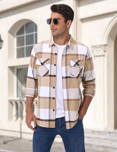 Cotrasen Mens Flannel Shirts Long Sleeve Flannel Shirt for Men Casual Button Up Plaid T-Shirt with 2 Pockets4