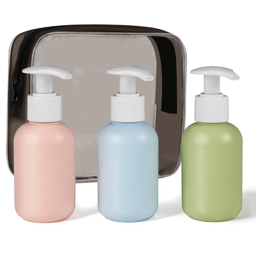 Image of MAYCREATE 3Pcs Pump Travel Bottles for Toiletries 100ml Travel Shampoo Bottle Set with Safety Lock, Refillable Handwash Dispenser Bottle Leakproof Containers with Clear Toiletry Bag (TSA Approved)