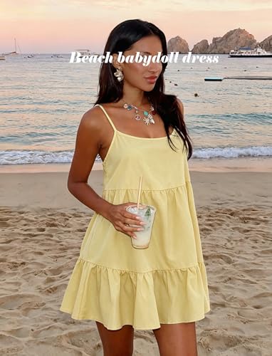 Image of OZICERD Flowy Short Sundress Mini Babydoll Dresses for Women Going Out Tiered Ruffle Beach Spaghetti Strap Swing Dress Cute