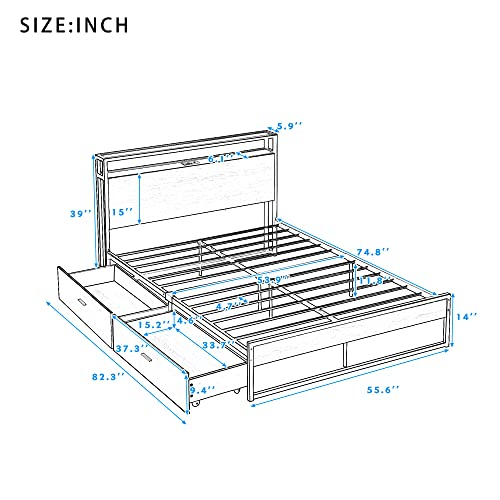 Full Size Metal Platform Bed Frame With 2 Storage Drawers, Sockets, Usb Ports And Slat Support, Metal Full Bed Frame With Wooden Headboard & Footboard, No Box Spring Needed (Full, Black) #TOP1
