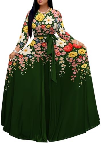 SUZONANA Green Floral Maxi Dresses for Curvy Women Plus Size Dress Formal Church Outfits 3/4 Sleeve Party Casual with Belt
