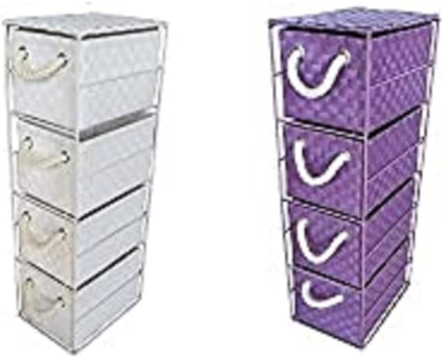 Arpan Drawer Storage Cabinet Unit Multi Purpose, White & Purple with Rope Handles for Bedroom, Bathroom, Home, Office - 4 Drawers Unit with Metal Frame to Store Stationary, Cosmetics (Set of 2)