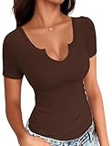 Buauty Womens Tops V Neck Short Sleeve Shirt Dressy Casual Summer Trendy T Shirt Ribbed Fitted Sexy Cute Tee Tops24 Coffee