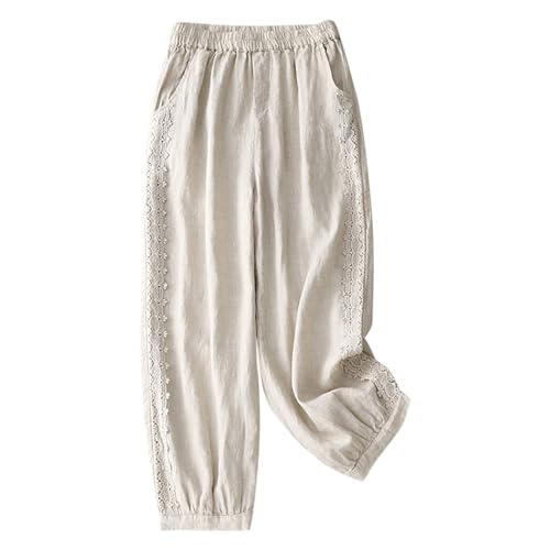 Comfy Cotton Pants for Women Summer Elastic Wide Leg Lounge Trousers Loose Casual Solid Palazzo Pants with Pockets