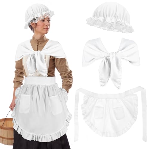 XEPST Ensemble de Costumes Coloniaux pour Femmes - Ensemble d'Accessoires de Costumes de Pèlerin 3PCS avec Bonnet de Foule Blanc Bonnet Châle Tablier Costume de Femme de Chambre pour Halloween Cosplay