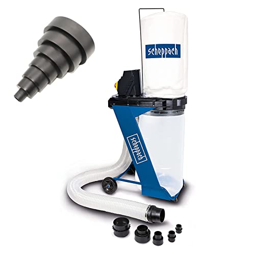 Scheppach DC500 Absauganlage Set mit 4 tlg. Adapterset & flexiblen 7 tlg. Adapter | 550W Leistung | 75L Auffangsack | Absaugstutzen Ø 100mm | Luftleistung 1150m3/h | Schlauchlänge 2000mm