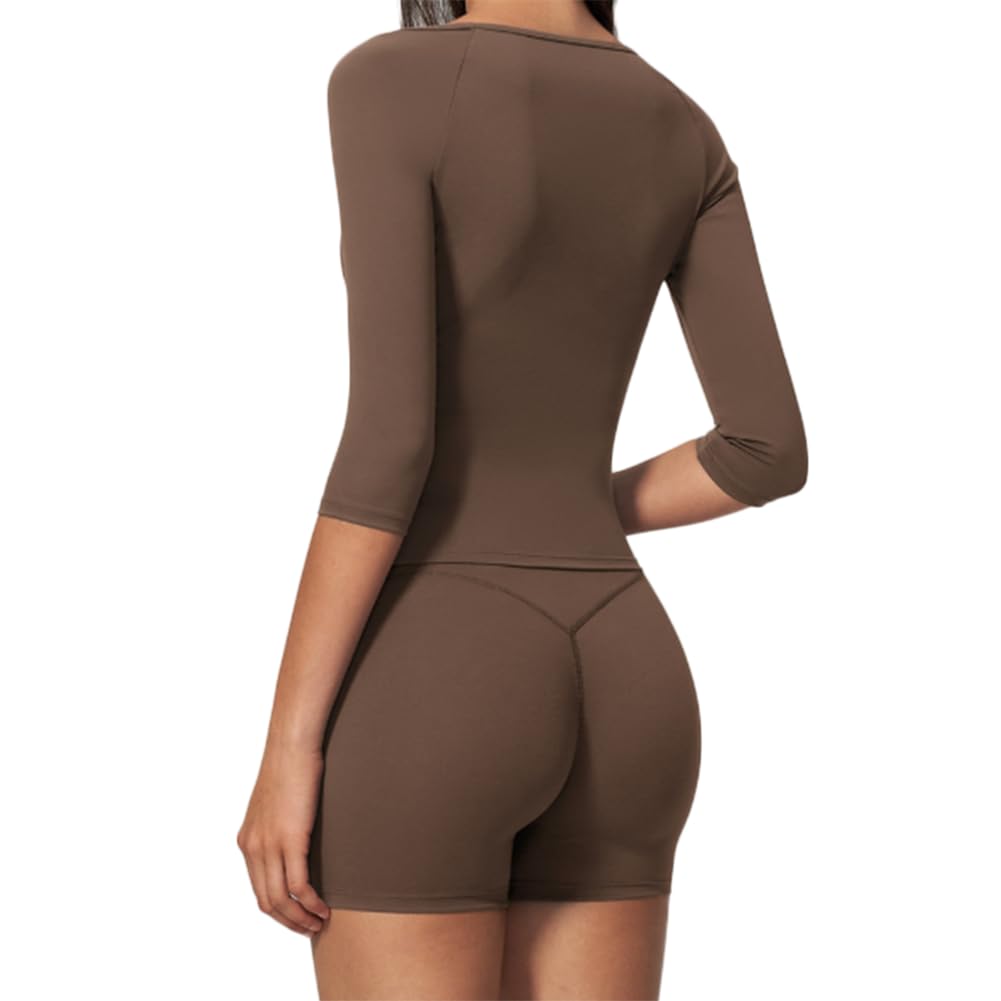 Top maniche mezze e shorts yoga a vita alta sollevaglutei | Top corto scollo a U maniche tre quarti con shorts yoga a vita alta sollevaglutei, tessuto stretch ad asciugatura rapida