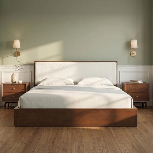 Merax King Walnut Platform Bed with Boucle Upholstered Headboard | Modern Low-Profile Wood Bed Frame with Wood Slat Support and No Box Spring Needed for Minimalist Bedrooms