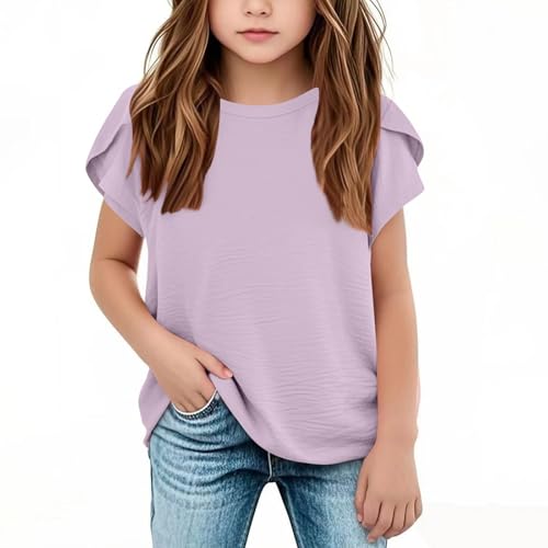 Girls T Shirt Short Sleeve Ruffle Shirt Cotton Linen Blend Solid Color Crewneck Tops Kids Girls Casual Summer Clothes